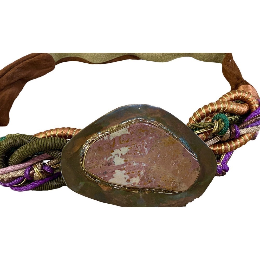Vintage 80s Boutique Large Stone Rock Braided Rope Knotted Brass Gold Suede Belt - Picture 3 of 10